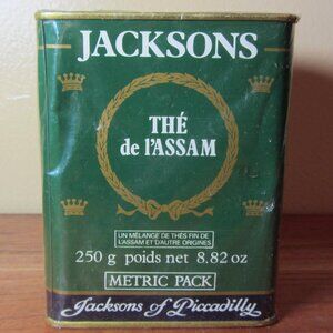 Jacksons tea tin vintage England Thé de l'Assam 8.82 oz sealed unopened (H242)